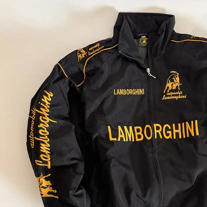 Black Lamborghini jacket with gold logos and text on a white background