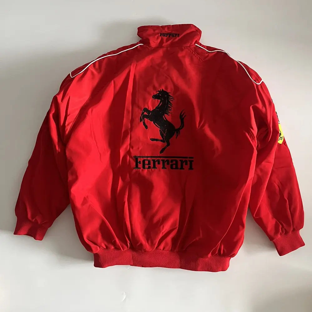 Red Ferrari jacket with logo on a white background