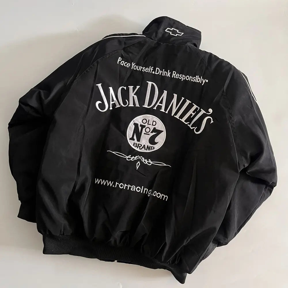 Black jacket with Jack Daniel's branding on a light gray background