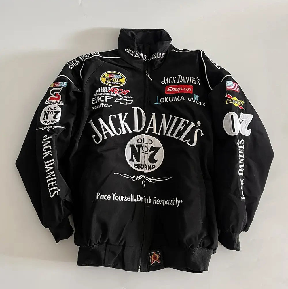 Black jacket with Jack Daniel's branding on a white background