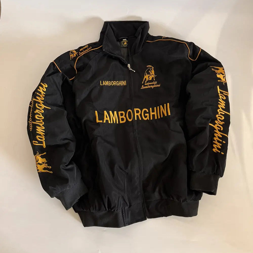 Black Lamborghini jacket with gold text on a white background