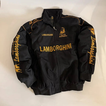 Black Lamborghini jacket with gold text on a white background