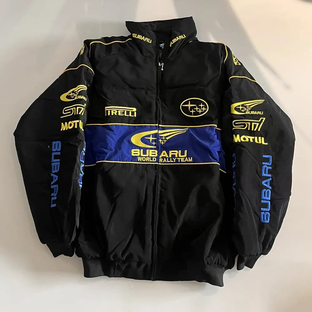 Black jacket with Subaru and Motul branding on a white background
