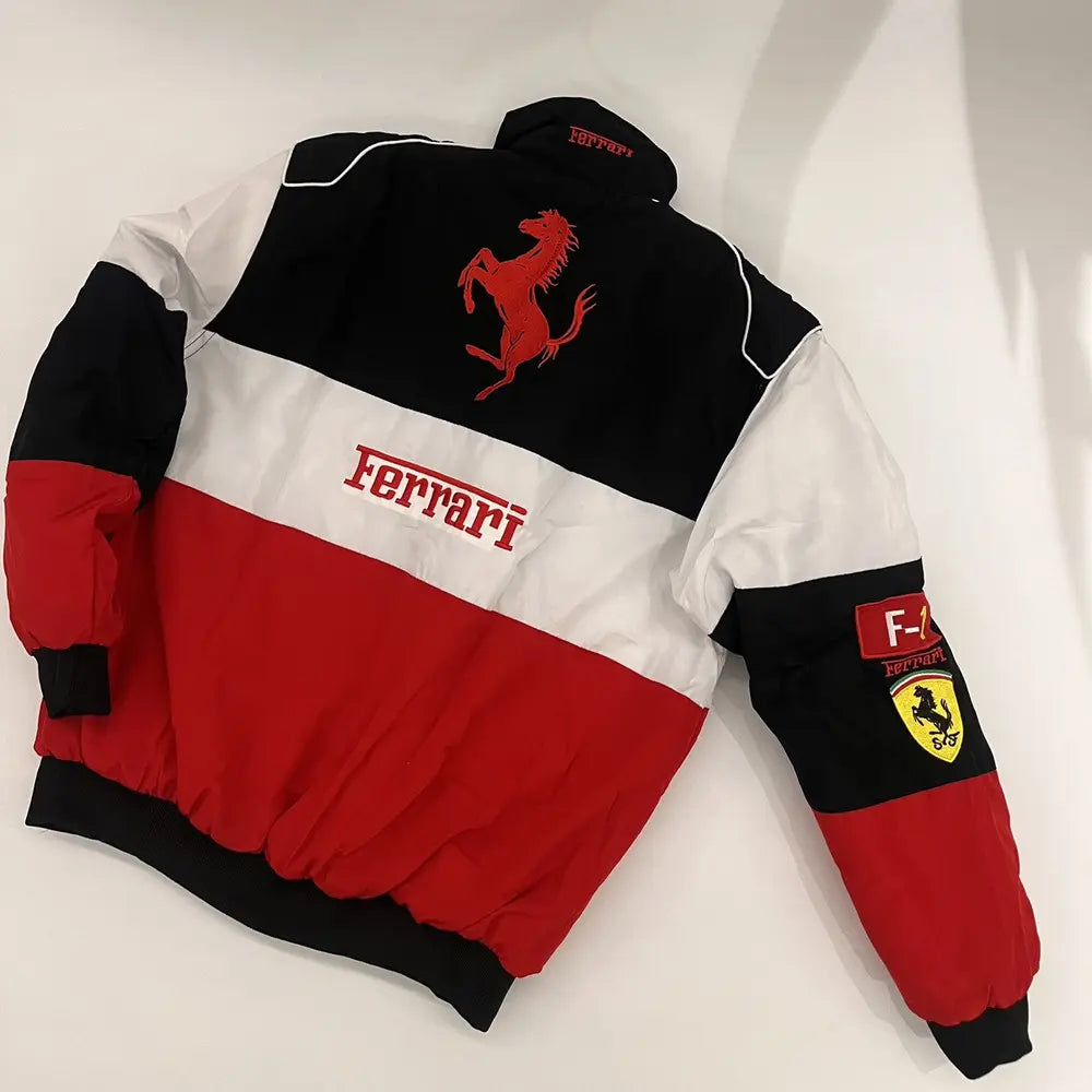 Ferrari jacket with red, black, and white colors on a white background