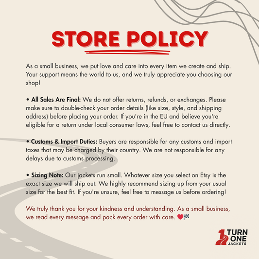 Store policy document with red and black text on a road background, featuring the brand 'Turn One Jackets'.