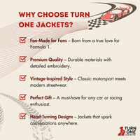 Promotional graphic for Turn One Jackets with text about their products.