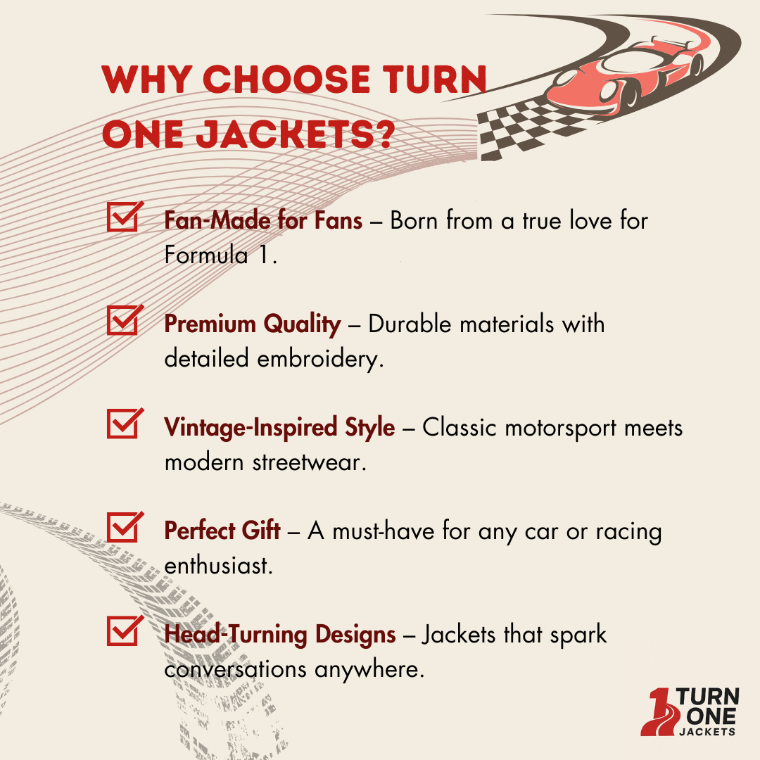 Promotional graphic for Turn One Jackets with text about their products.