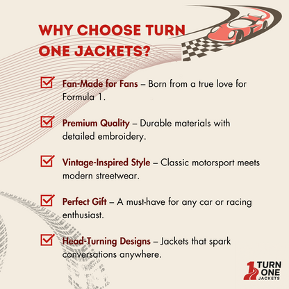 Promotional graphic for Turn One Jackets with text about their products.