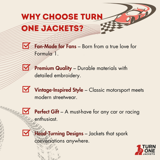 Promotional graphic for Turn One Jackets with text about their products.