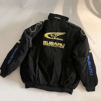 Black jacket with Subaru logos on a white background