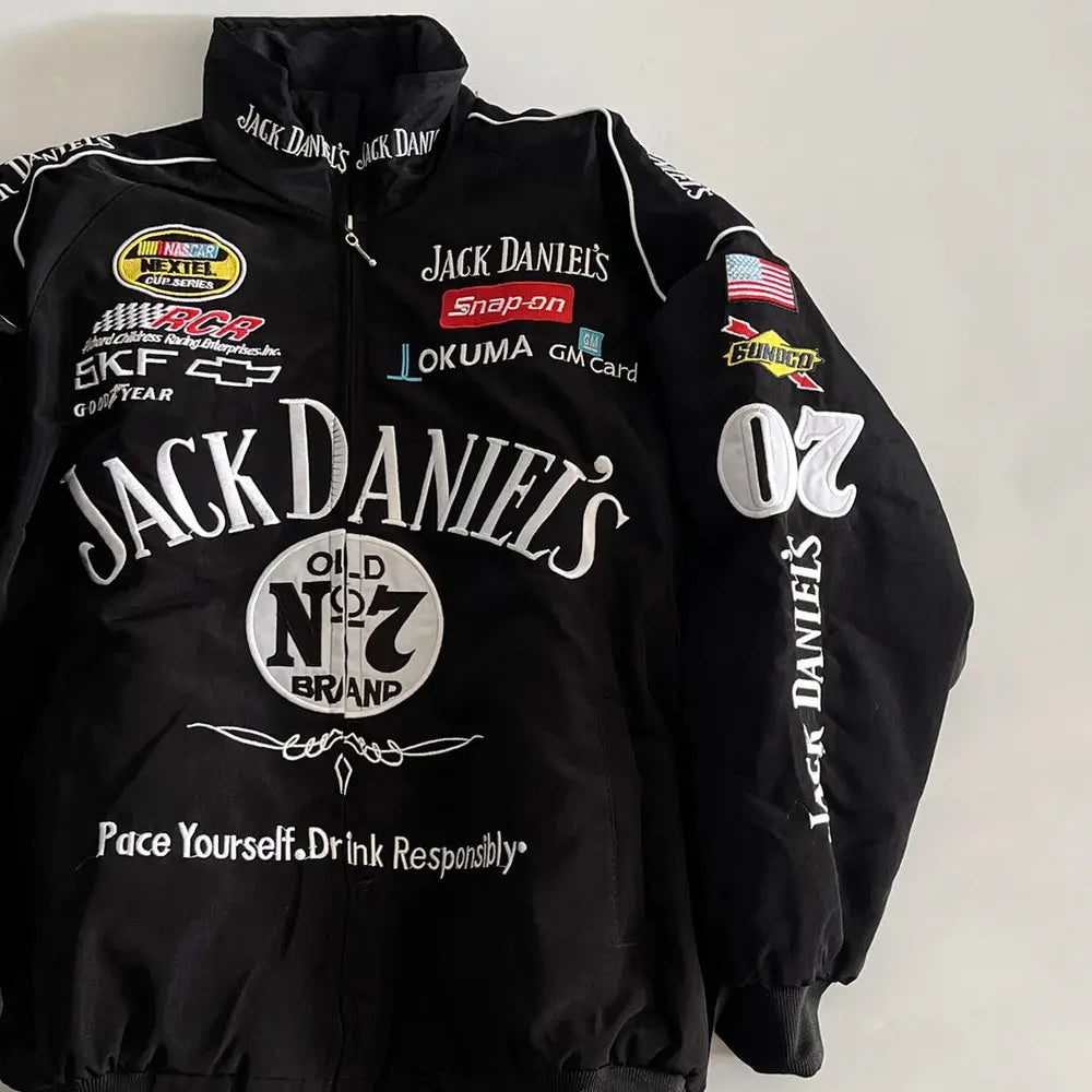 Black jacket with multiple brand logos on a white background