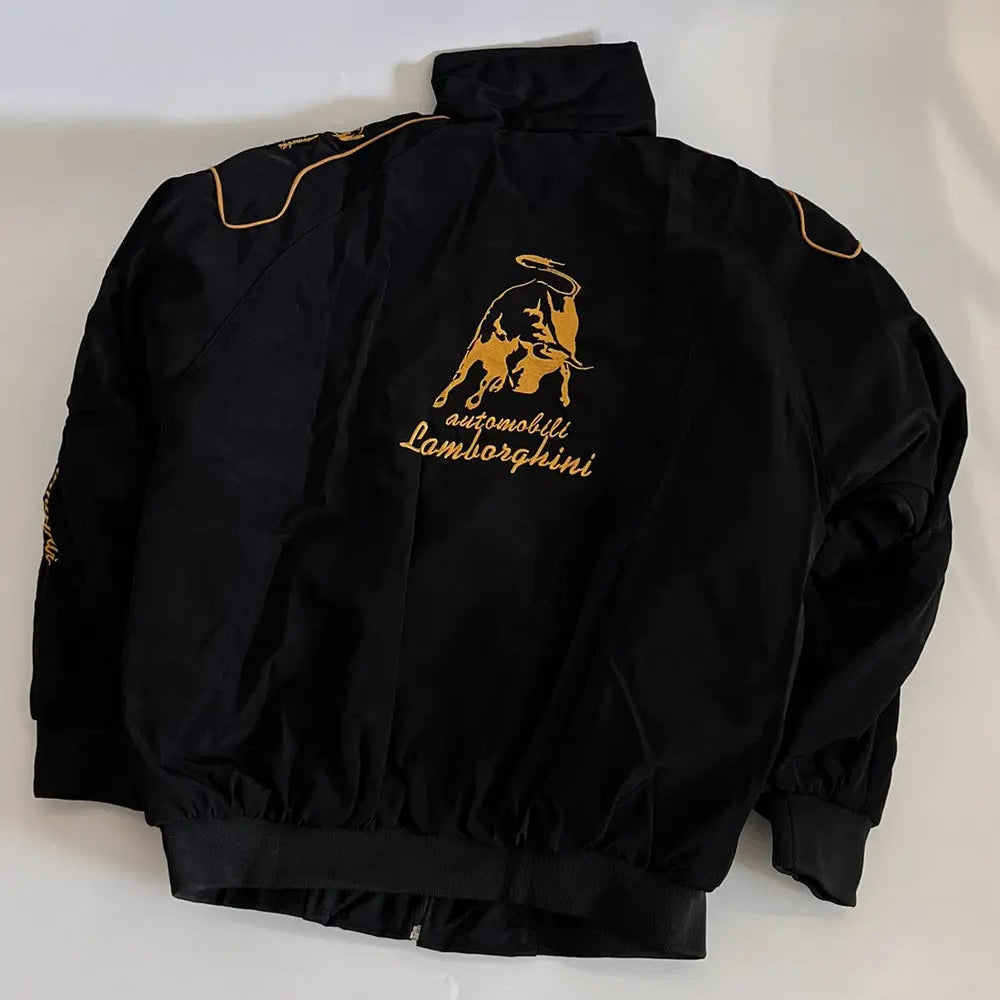Black jacket with gold Lamborghini logo on a white background