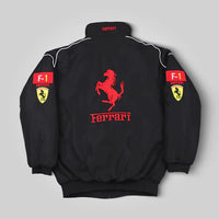 Back view of Black Ferrari F1 Racing Jacket – Motorsport Streetwear with Red Prancing Horse Logo and Embroidered Scuderia Ferrari Badges by Turn One Jackets