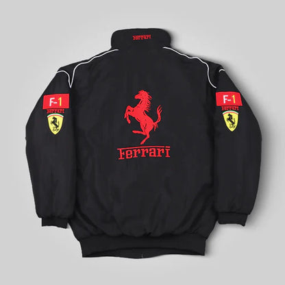Back view of Black Ferrari F1 Racing Jacket – Motorsport Streetwear with Red Prancing Horse Logo and Embroidered Scuderia Ferrari Badges by Turn One Jackets