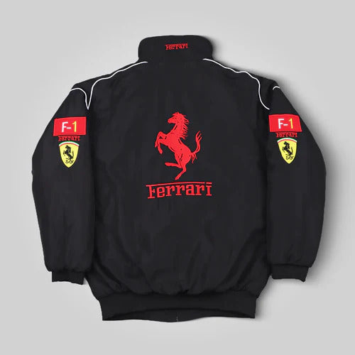 Back view of Black Ferrari F1 Racing Jacket – Motorsport Streetwear with Red Prancing Horse Logo and Embroidered Scuderia Ferrari Badges by Turn One Jackets
