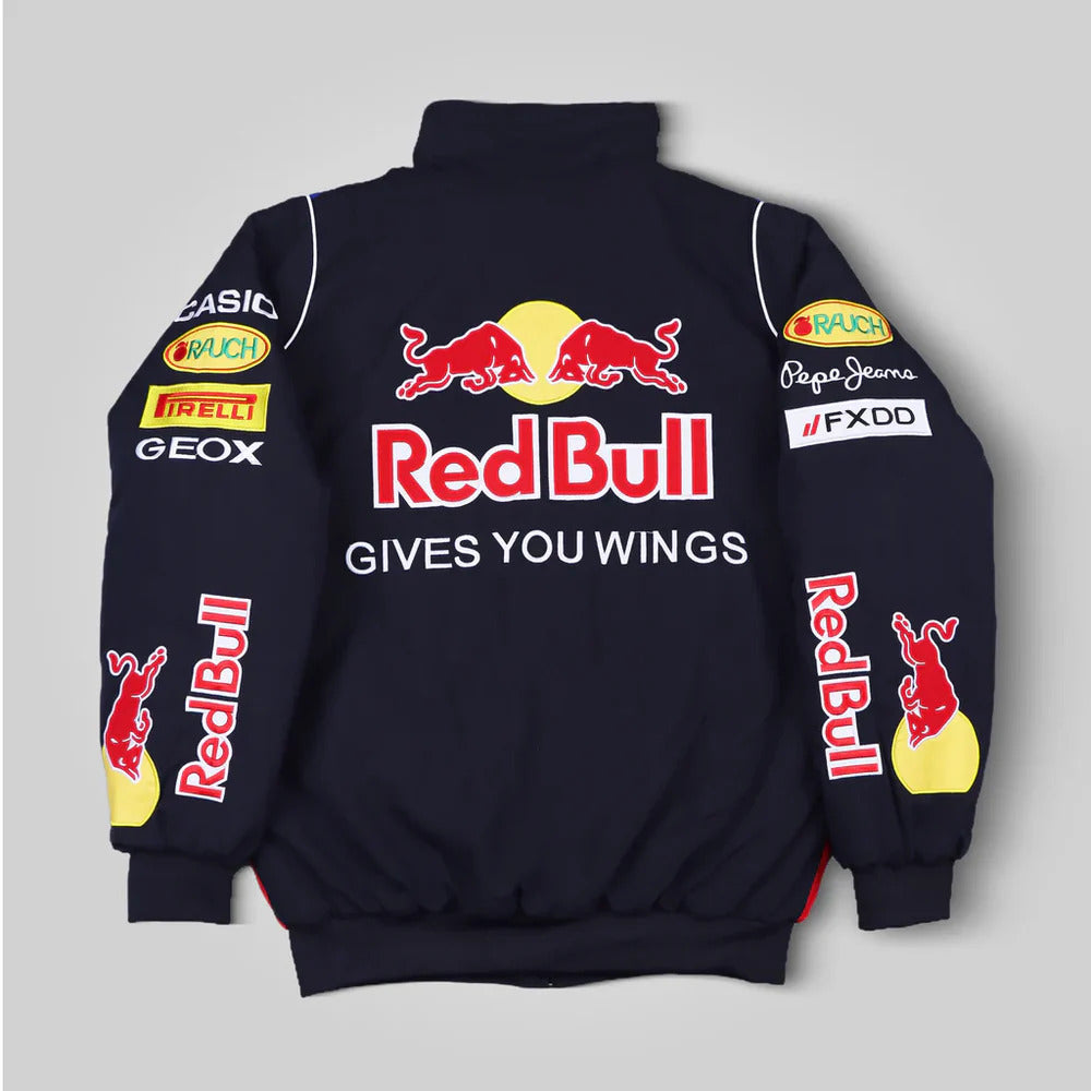 Back view of Blue Red Bull Racing F1 Jacket – Motorsport Streetwear with Embroidered Red Bull Racing Logos and Team Badges by Turn One Jackets
