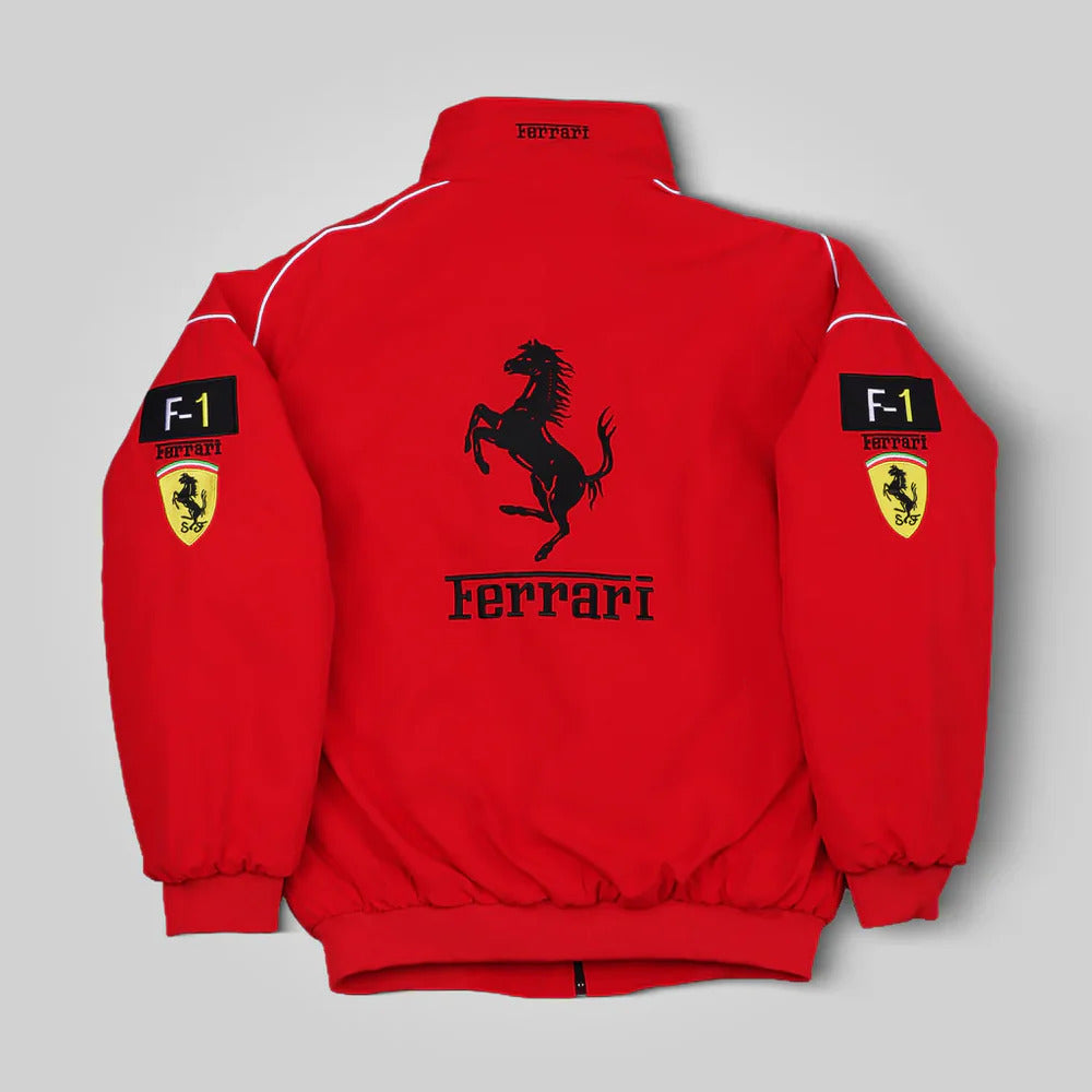 Back view of Red Ferrari F1 Racing Jacket – Motorsport Streetwear with Red Prancing Horse Logo and Embroidered Scuderia Ferrari Badges by Turn One Jackets