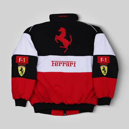 Back view of White Ferrari F1 Racing Jacket – Motorsport Streetwear with Red Prancing Horse Logo and Embroidered Scuderia Ferrari Badges by Turn One Jackets