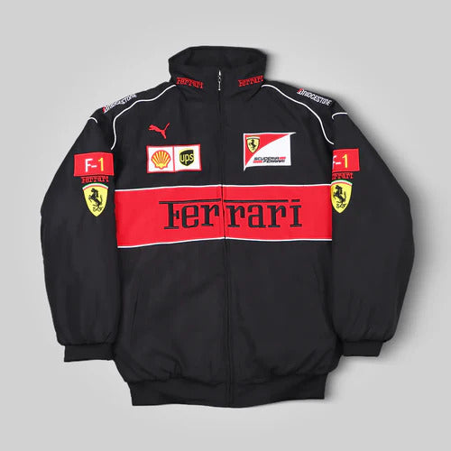 Black Ferrari F1 Racing Jacket – Motorsport Streetwear with Embroidered Ferrari Logos, Premium Formula 1 Fan Apparel from Turn One Jackets