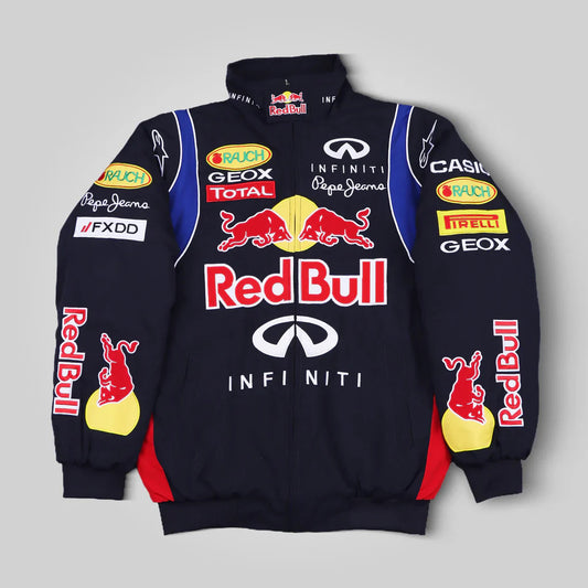 Blue Red Bull Racing F1 Jacket – Motorsport Streetwear with Embroidered Red Bull Logos, Premium Formula 1 Fan Apparel from Turn One Jackets
