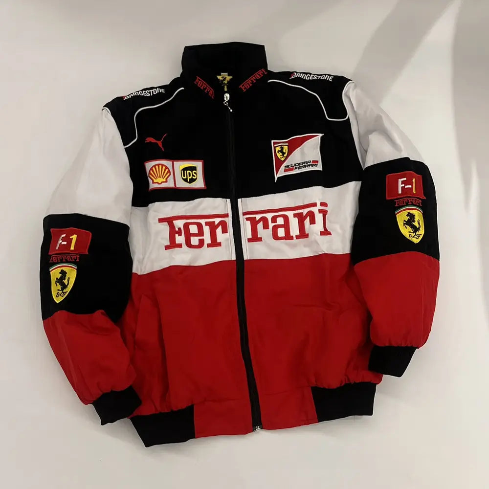 Ferrari racing jacket with various logos on a white background