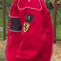 Model wearing Thick Red Ferrari F1 Racing Jacket – Padded Motorsport Streetwear with Embroidered Ferrari Logos, Premium Formula 1 Fan Apparel by Turn One Jackets, showcasing fit, style, and quality