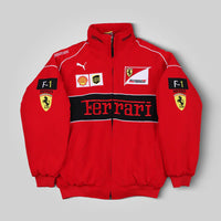 Red Ferrari F1 Racing Jacket – Motorsport Streetwear with Embroidered Ferrari Logos, Premium Formula 1 Fan Apparel from Turn One Jackets