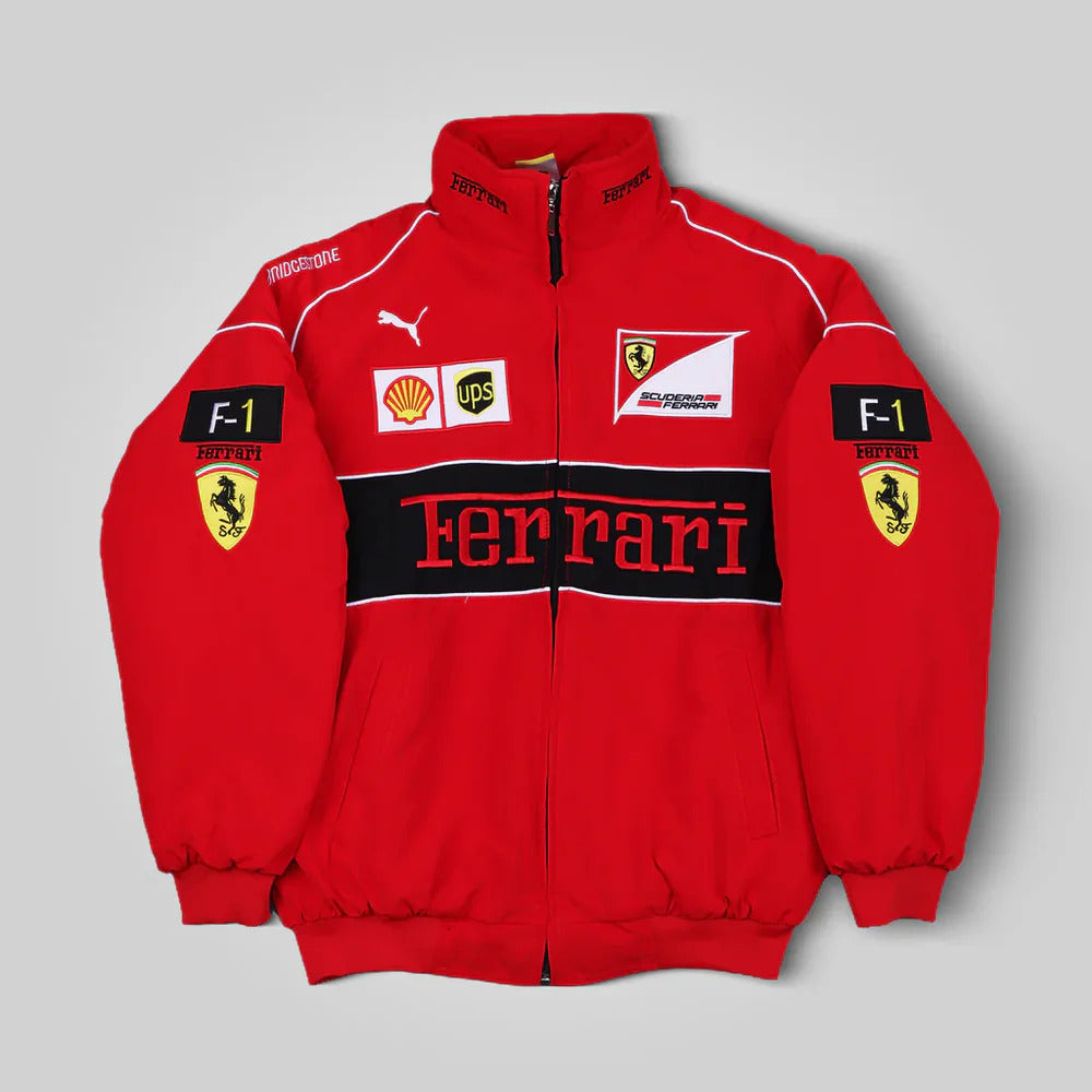 Red Ferrari F1 Racing Jacket – Motorsport Streetwear with Embroidered Ferrari Logos, Premium Formula 1 Fan Apparel from Turn One Jackets