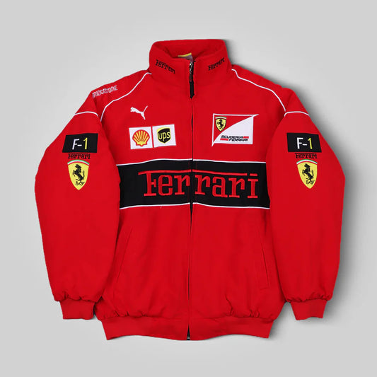 Red Ferrari F1 Racing Jacket – Motorsport Streetwear with Embroidered Ferrari Logos, Premium Formula 1 Fan Apparel from Turn One Jackets