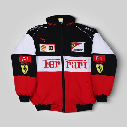 White Ferrari F1 Racing Jacket – Motorsport Streetwear with Embroidered Ferrari Logos, Premium Formula 1 Fan Apparel from Turn One Jackets
