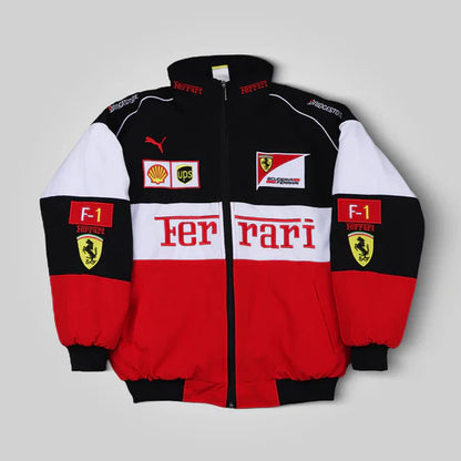 White Ferrari F1 Racing Jacket – Motorsport Streetwear with Embroidered Ferrari Logos, Premium Formula 1 Fan Apparel from Turn One Jackets